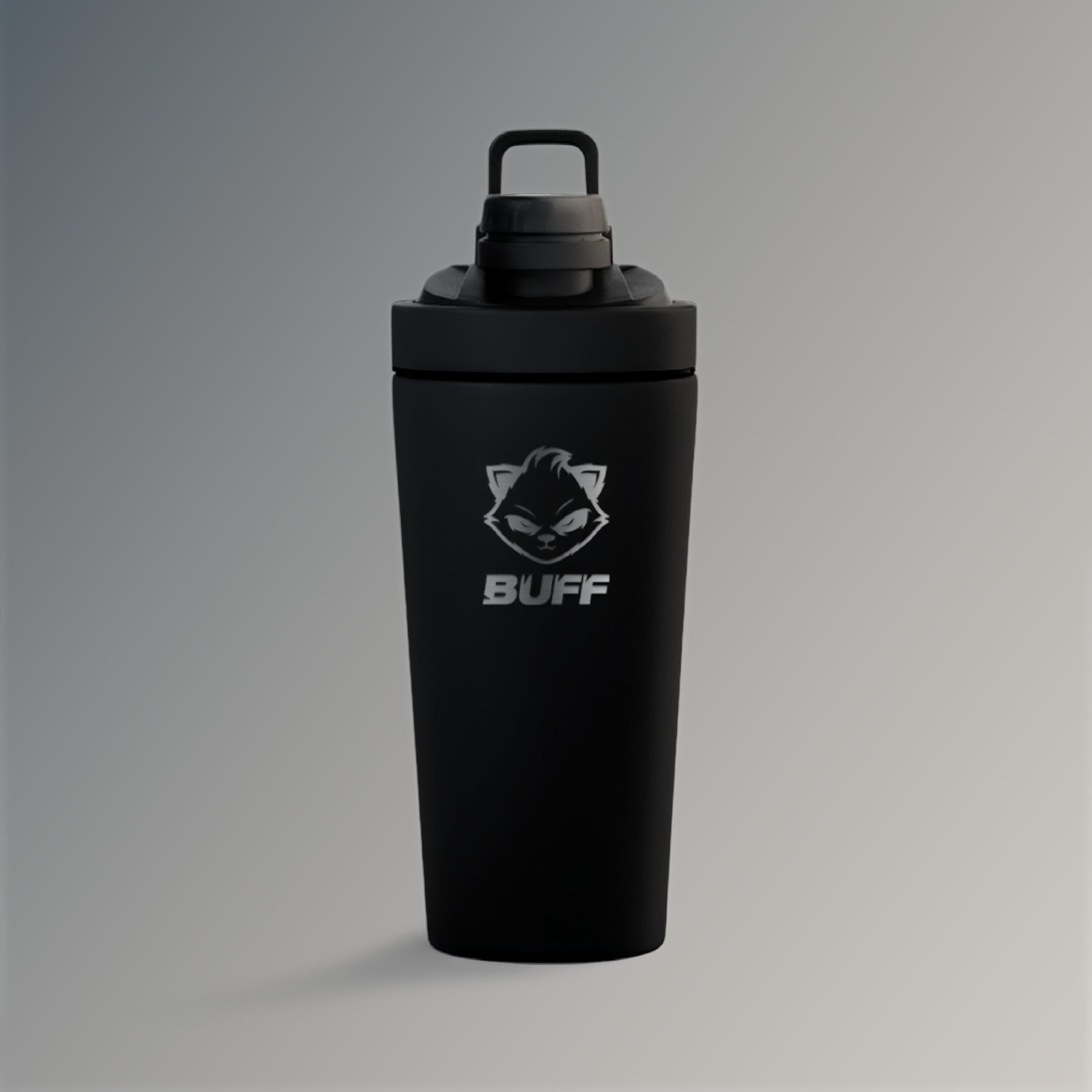 Black water bottle with 'BUFF' logo on a gray background